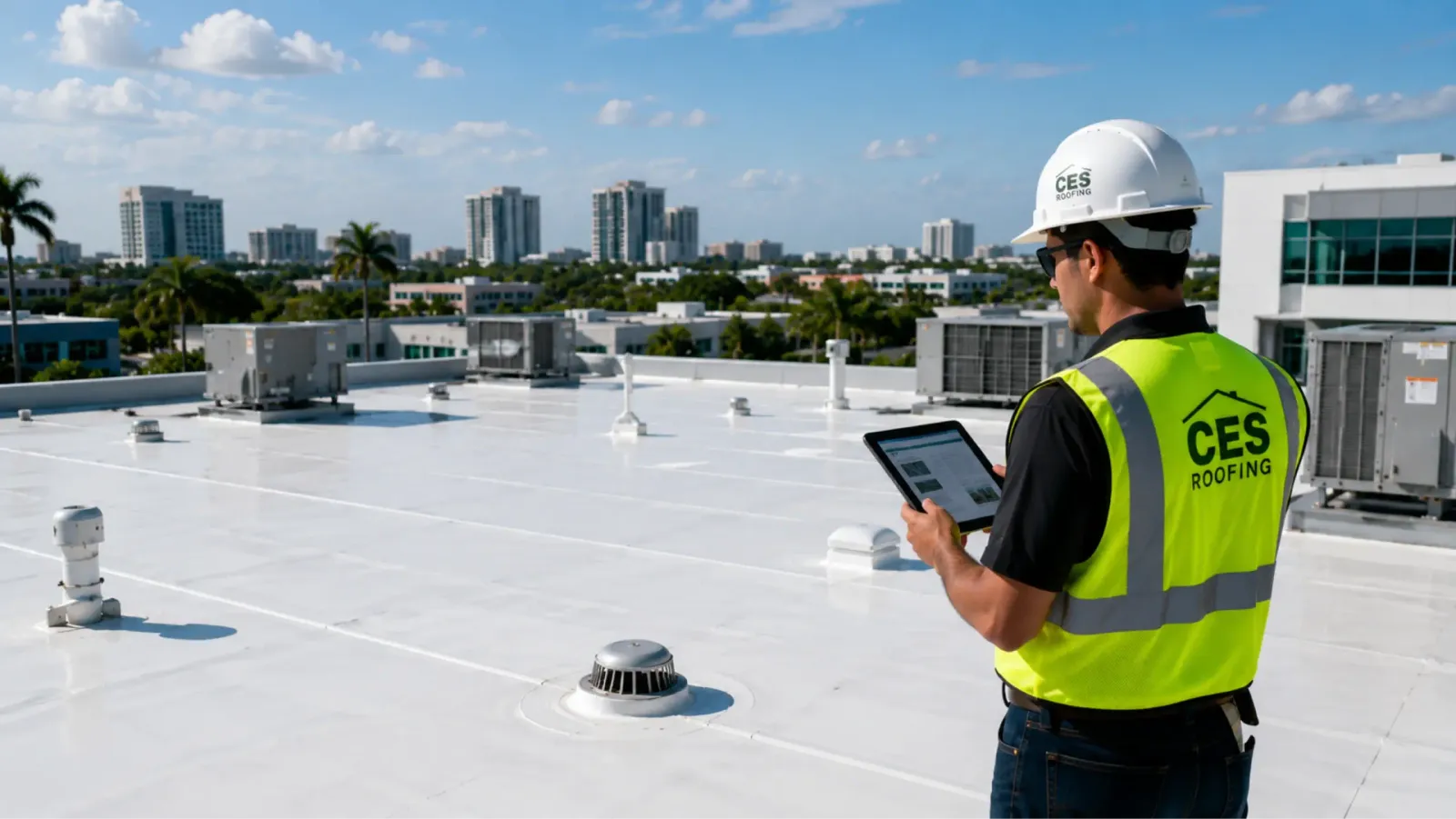 A CES inspector in a high-visibility vest reading a tablet on a white coated roof, a city skyline behind him.