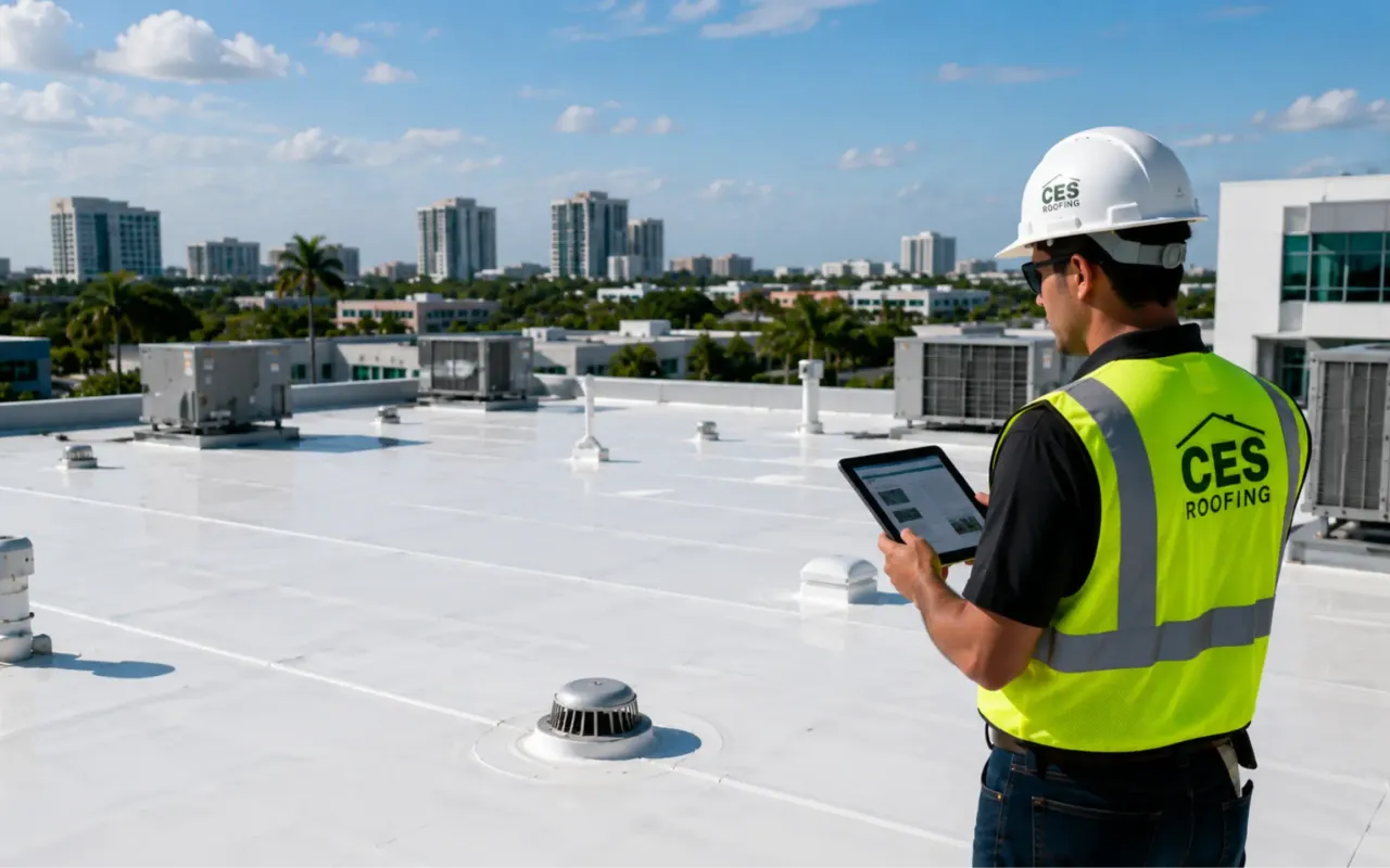 A CES Roofing inspector in a hi-vis vest reading a tablet on a white commercial roof, city skyline behind.