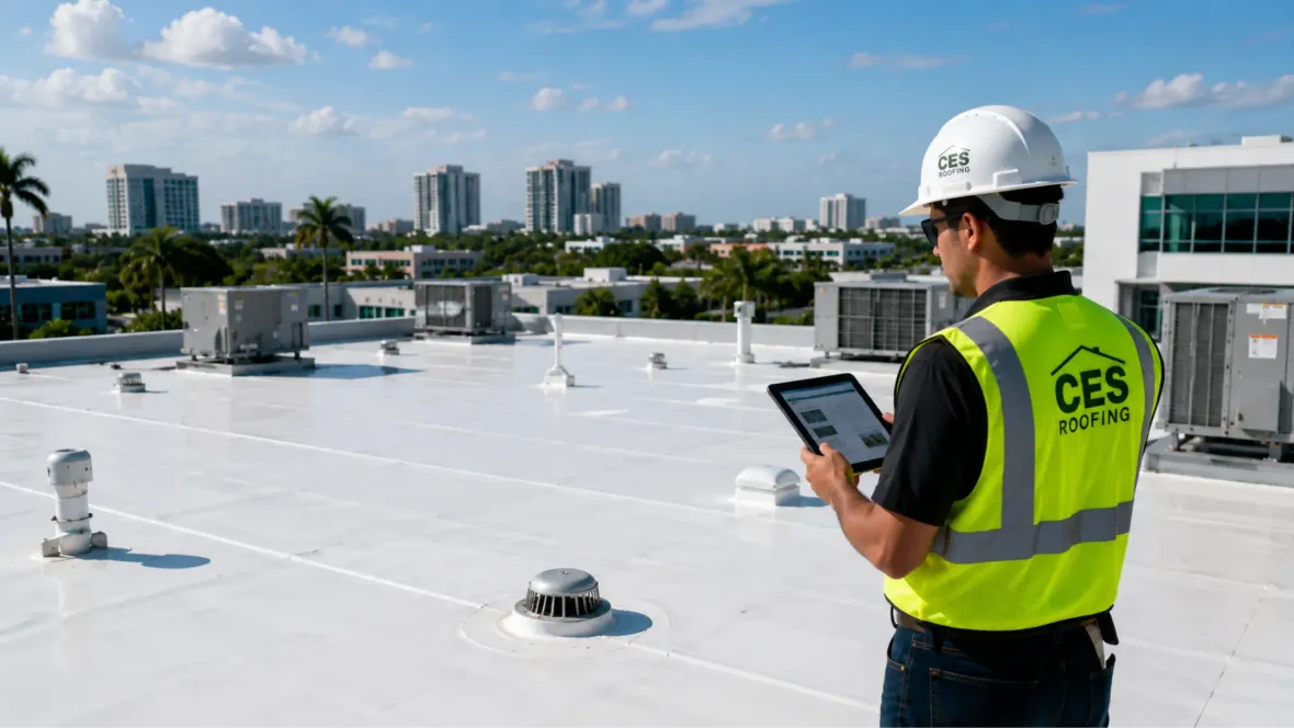 A CES Roofing inspector in a high-visibility vest reading a tablet on a white flat roof, a Florida skyline behind him.