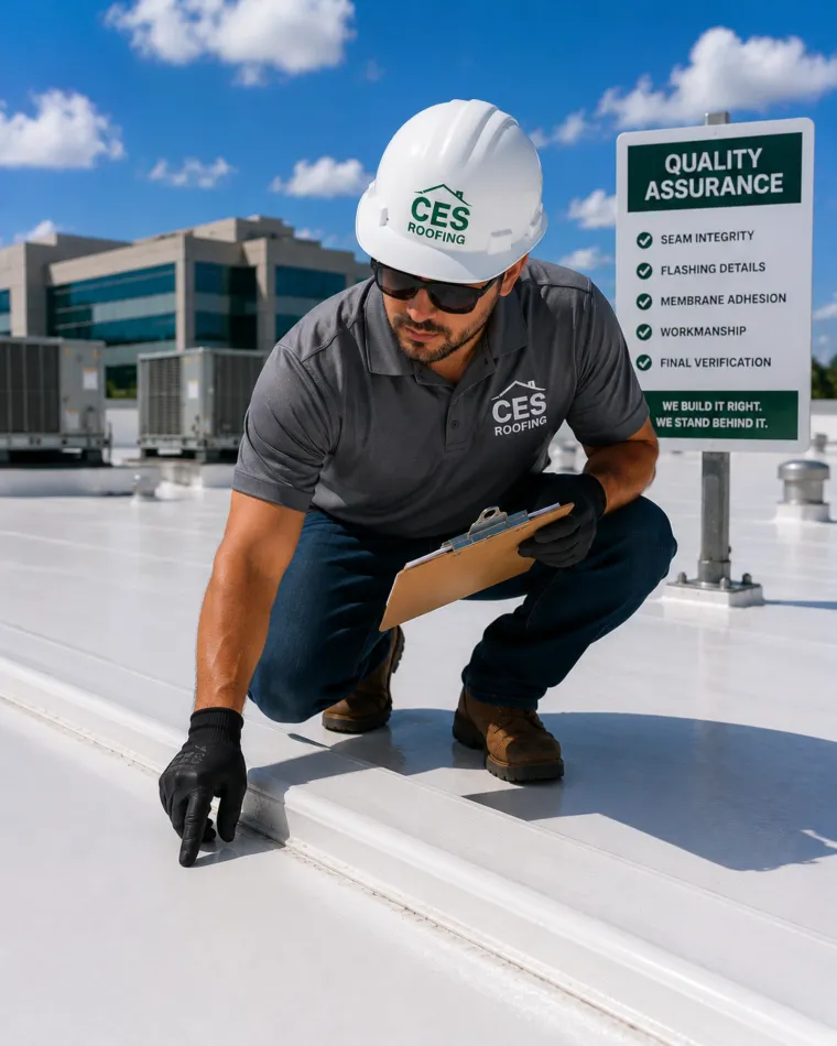 A CES Roofing crew member kneeling on a white flat roof with a clipboard, pointing at a seam, a quality assurance checklist board standing behind him.