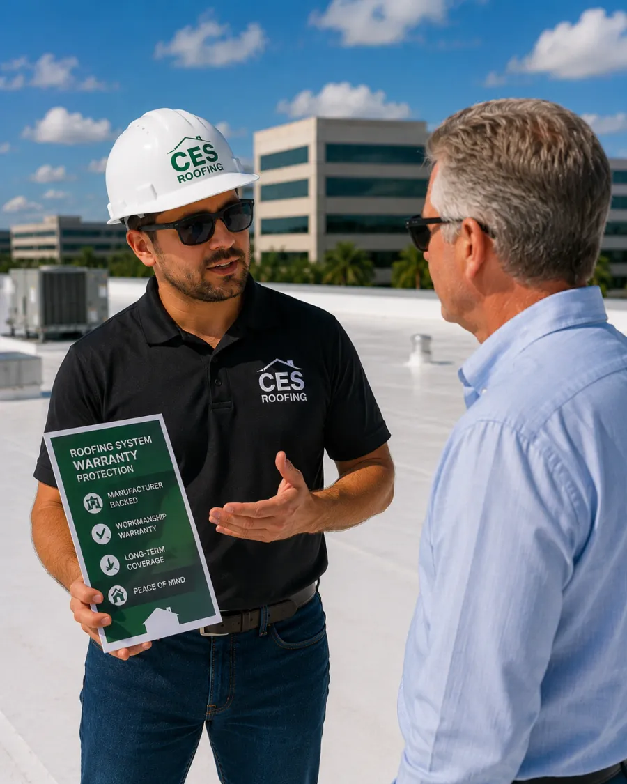 A CES roofer in a CES polo holding a roofing system warranty board, talking with a property manager on a white roof.